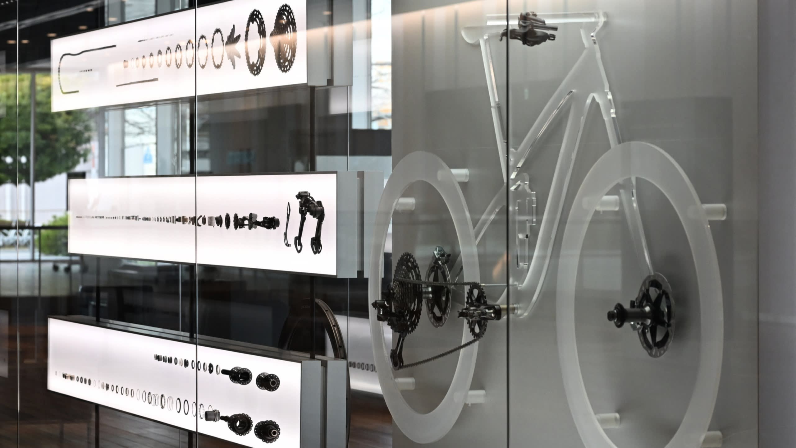 Shimano bicycle components inside a glass display