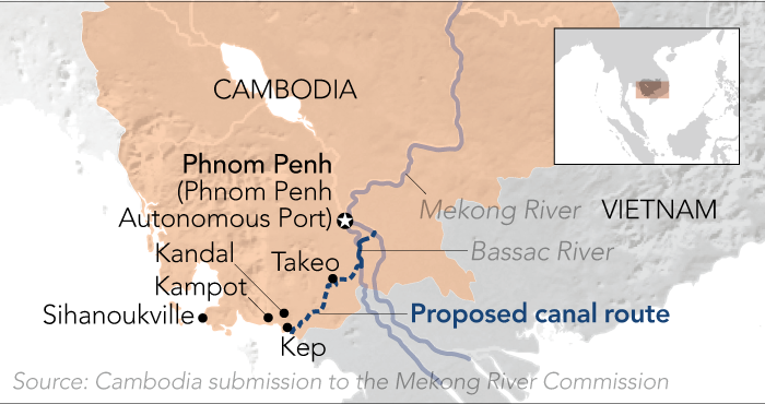 Map showing Cambodia and proposed canal route