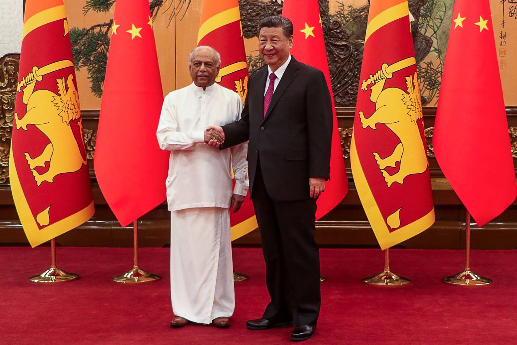 Sri Lankan Prime Minister Dinesh Gunawardena with Chinese President Xi Jinping ahead of a meeting in Beijing on Wednesday. Photo: AFP/ Sri Lanka Prime Minister’s Office