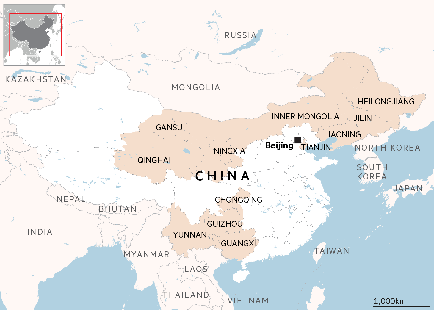 A map showing 12 provinces, regions and cities told by the State Council to cut spending.