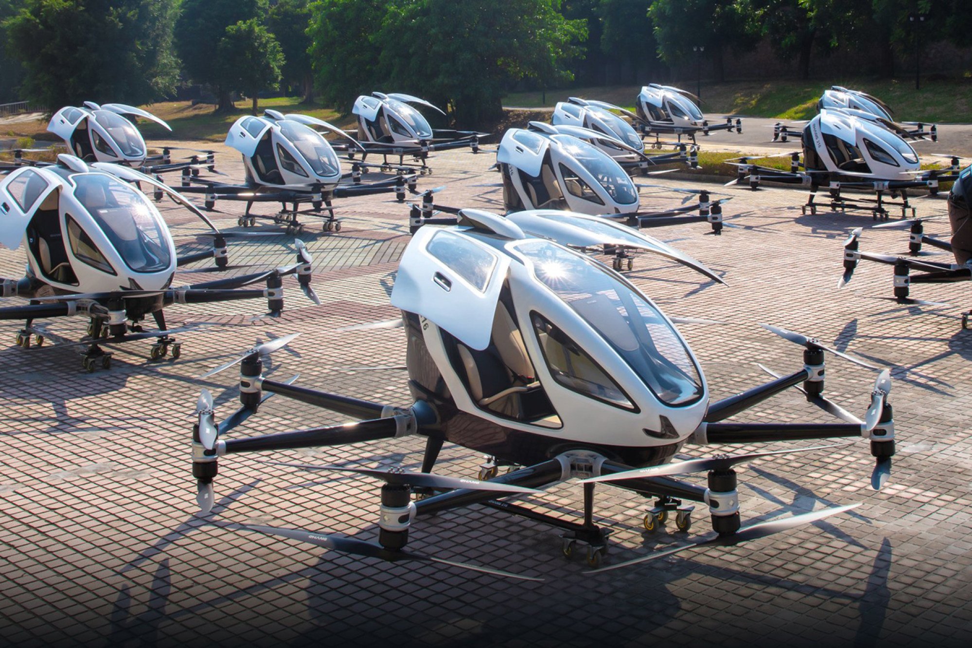 Multiple EH216-S aircraft built by EHang are seen parked at a vertiport – an area that supports the landing and take-off of these types of passenger vehicles – in Guangzhou, capital of southern Guangdong province. Photo: Handout