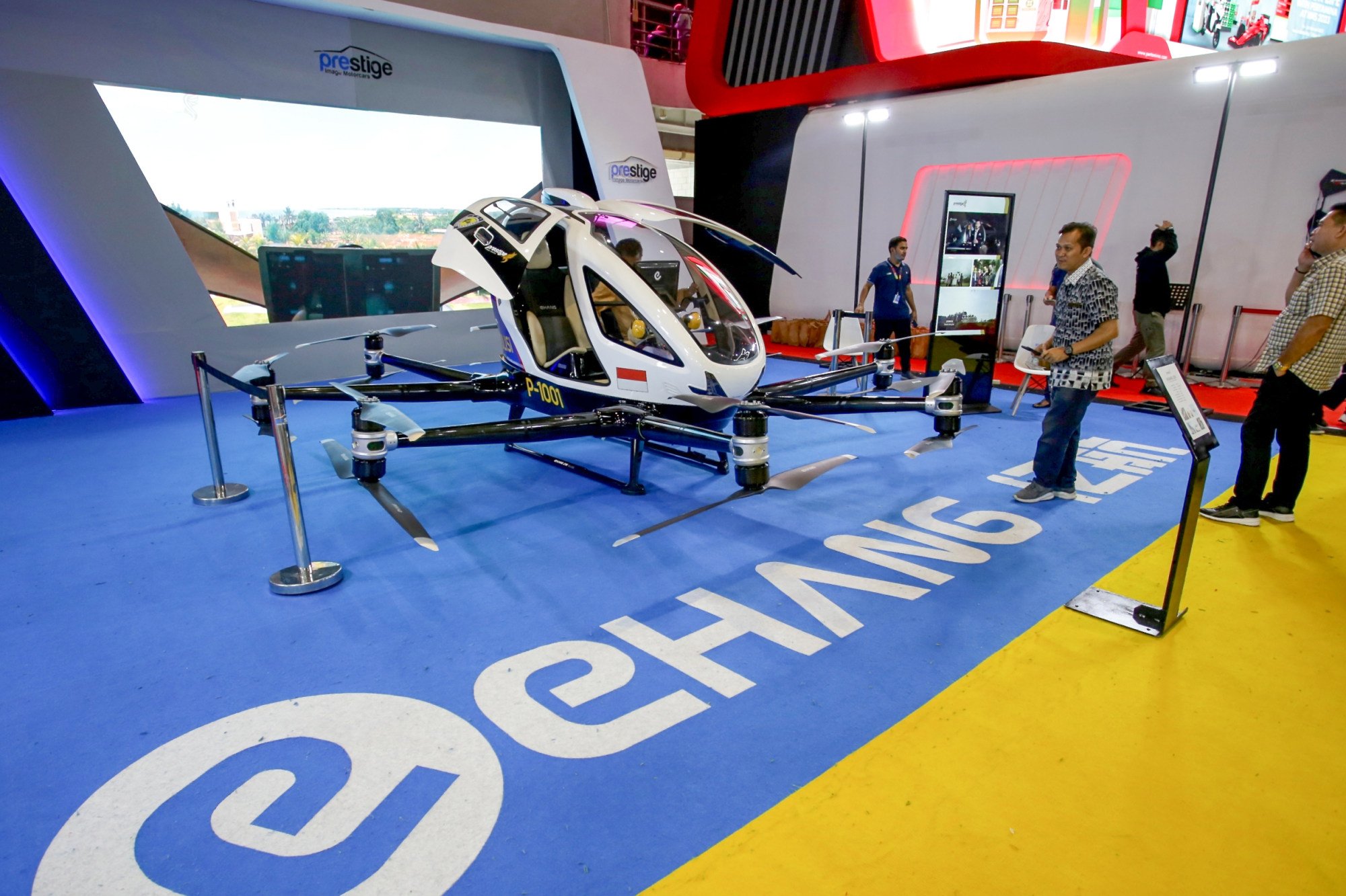 EHang’s EH216-S electric vertical take-off and landing vehicle is seen on display at the 2023 Indonesia International Motor Show held in Jakarta on February 23, 2023. Photo: Shutterstock