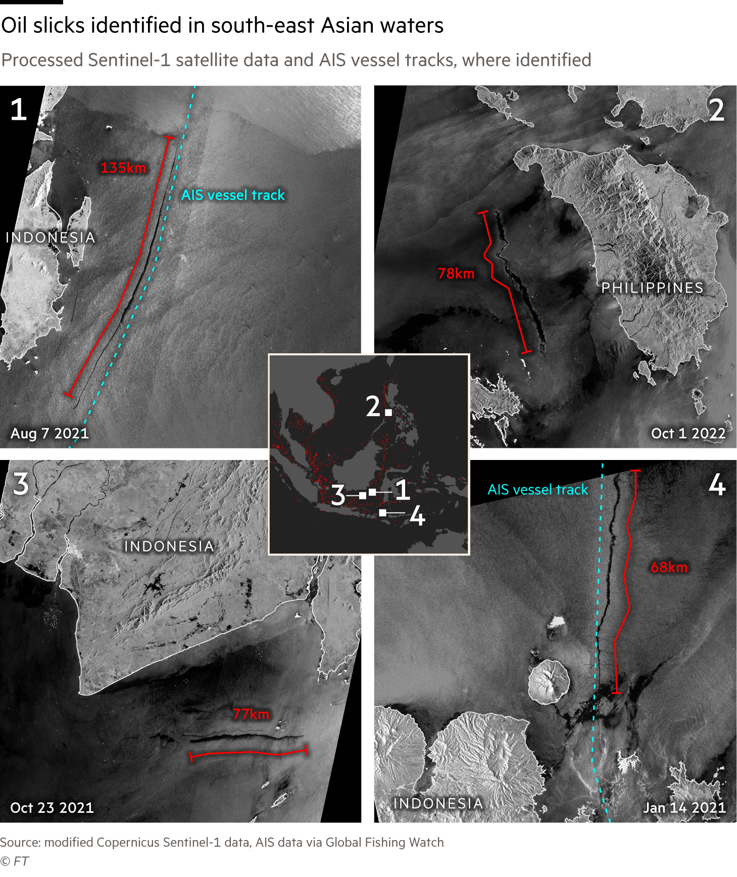 Sentinel-1 satellite images showing four oil slicks in south-east Asian waters. Captured between 2021 and 2022.