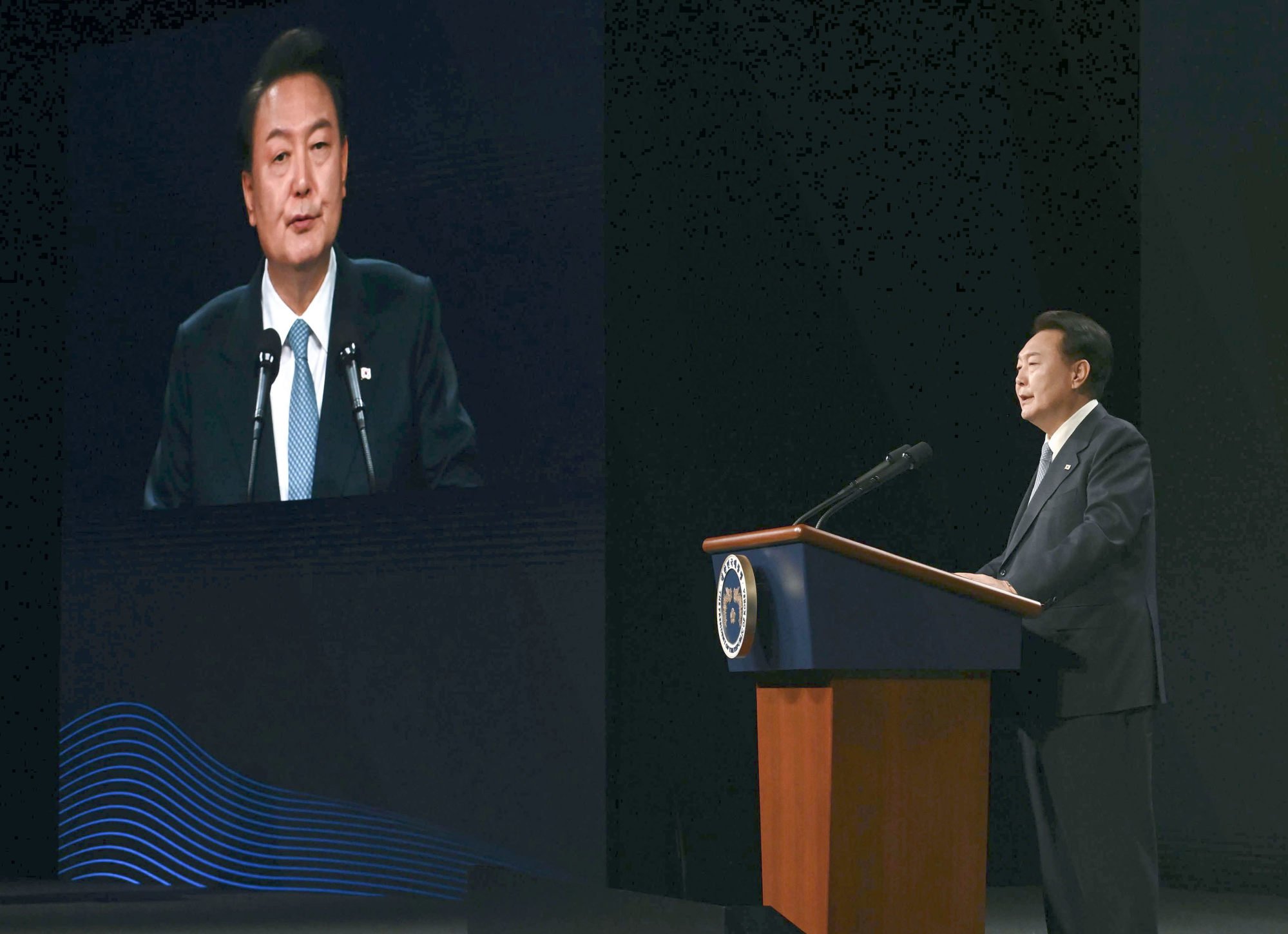 South Korean President Yoon Suk Yeol addresses the democracy summit his country hosted. Photo: Kyodo