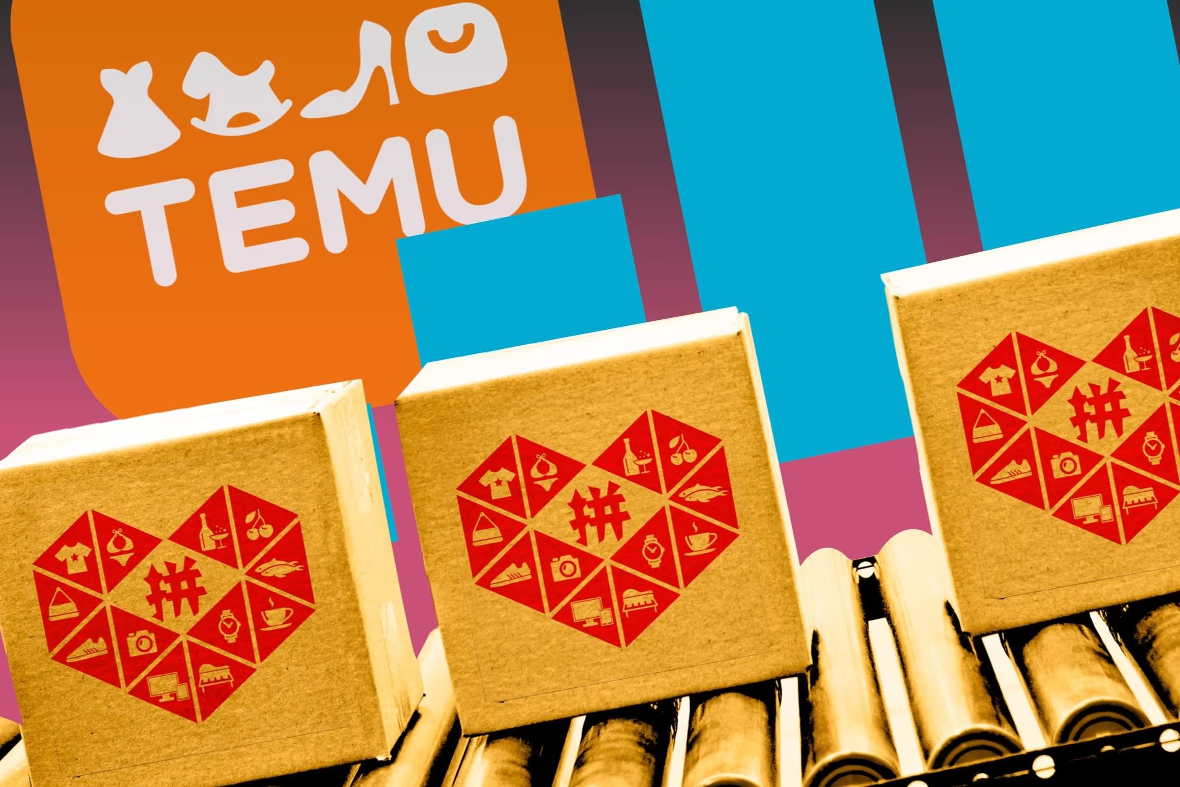 Boxes on a conveyor belt in front of a Temu signboard