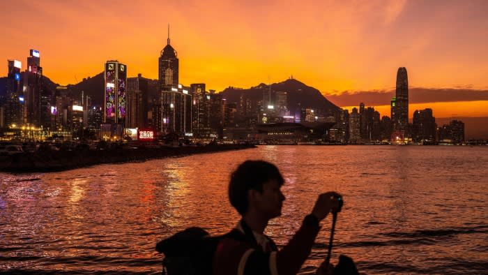 The city’s skyline at dusk in Hong Kong