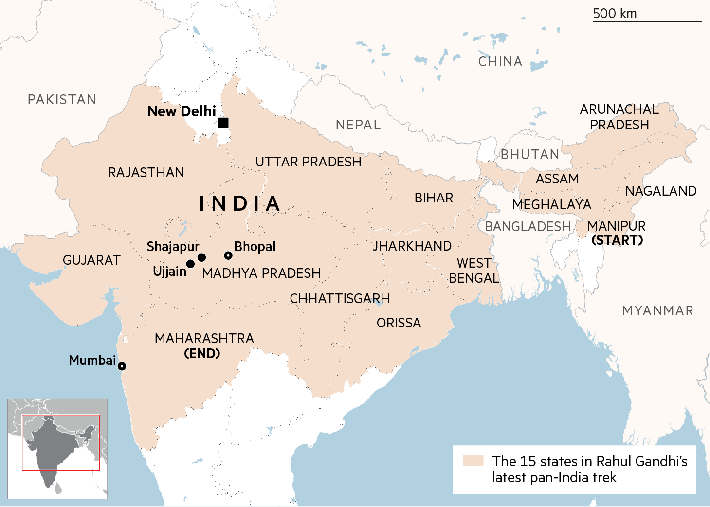 Map of India showing the 15 states in Rahul Gandhi's latest pan-India trek