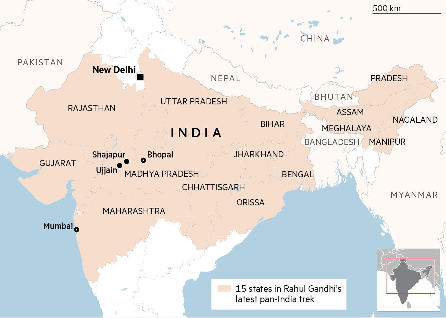 Map of India showing the 15 states in Rahul Gandhi’s latest pan-India trek