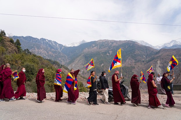 ENG_TIB_UprisingAnniversary_03112024.4.jpg Exile Tibetans carry flags and shout slogans as they participate in a rally to commemorate the anniversary of the 1959 uprising in Tibet, in Dharamsala, India, March 10, 2024. (Ashwini Bhatia/AP)