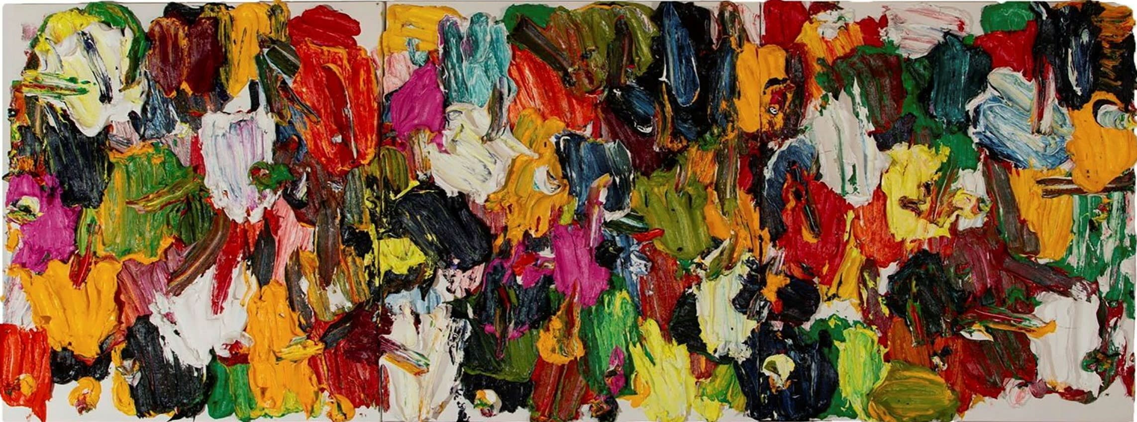 A long horizontal oil painting of bright thick swirls