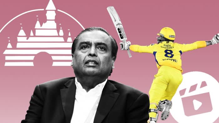 Mukesh Ambani and Chennai Super Kings cricket player Ravindra Jadeja with Disney and JioCinema logos