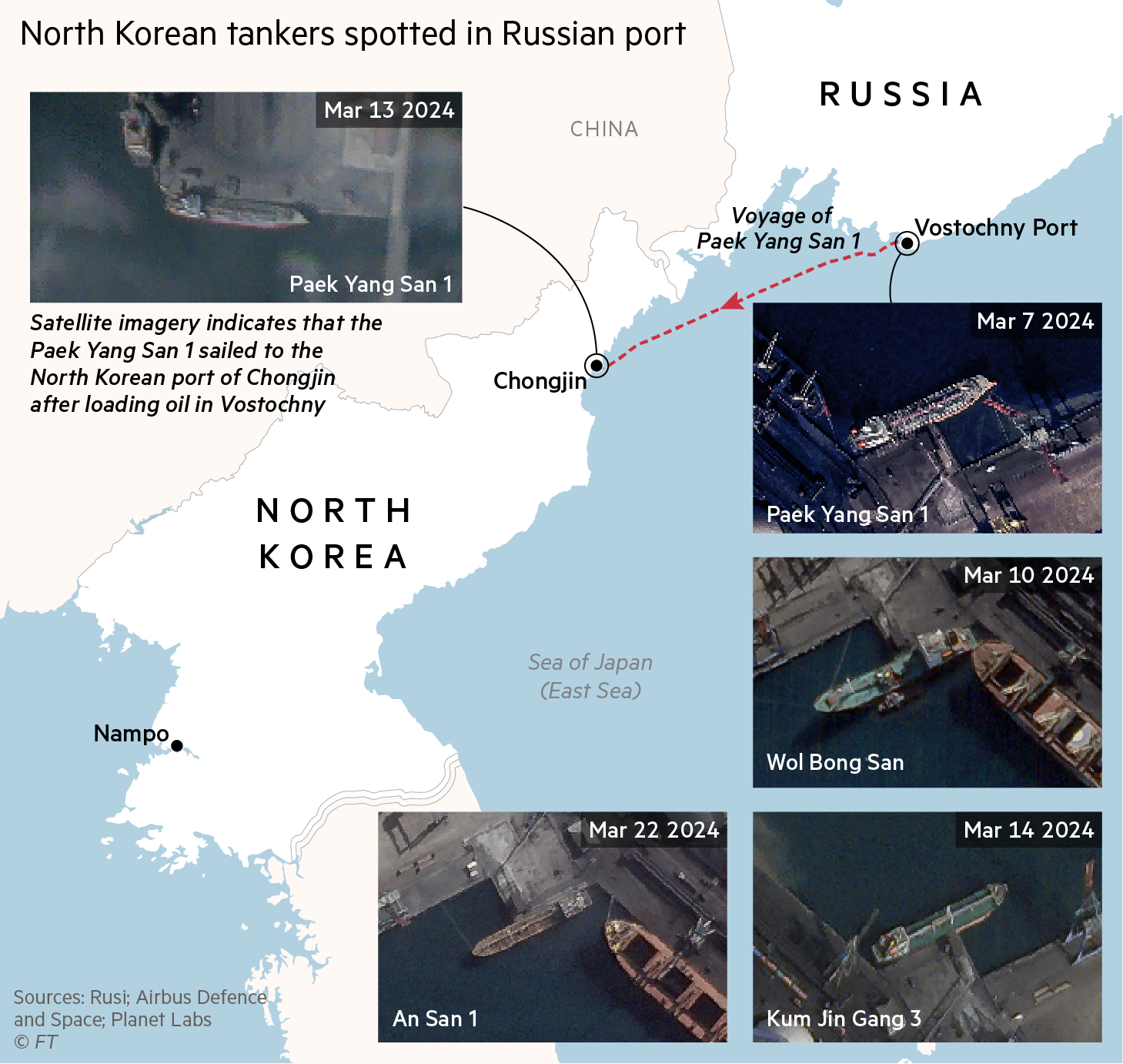 A map showing Russia and North Korea. Satellite imagery indicates that the vessel Paek Yang San 1 sailed to the North Korean port of Chongjin after loading oil in Vostochny