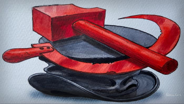 James Ferguson illustration of the capitalist top hat being crushed by a hammer and sickle.