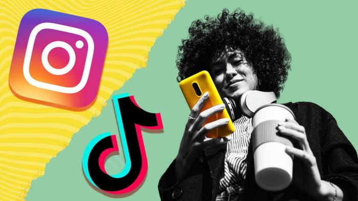 Logos of Tik Tok, Instagram with a woman on her phone