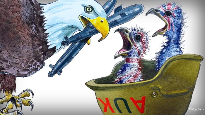 Illustration of a North American bald eagle about to feed chicks with nuclear subs. The chicks are covered in the UK flag and sitting in a military hat marked Aukus