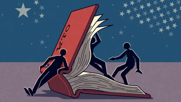 An illustration of three people trying to keep a WTO book open