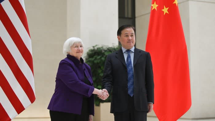 US Treasury secretary Janet Yellen, left, shakes hands with People’s Bank of China governor Pan Gongsheng during her visit to the central bank’s headquarters in Beijing on Monday