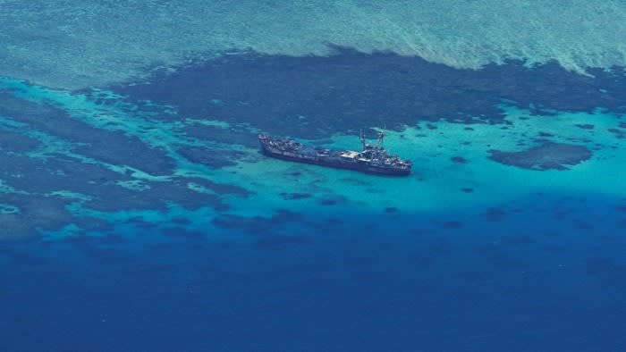 An aerial view shows the BRP Sierra Madre on the Second Thomas Shoal
