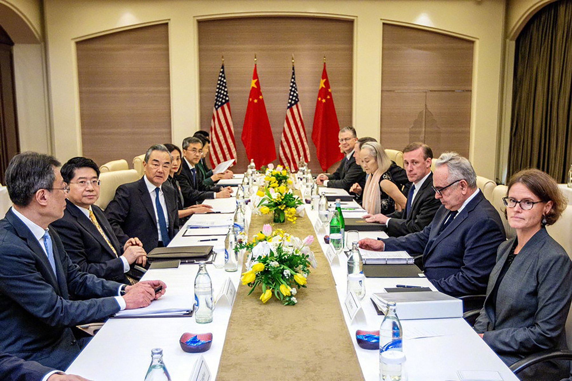 Chinese Foreign Minister Wang Yi (third from left) meeting US National Security Adviser Jake Sullivan (third from right) in Bangkok on January 27. Photo: fmprc.gov.cn