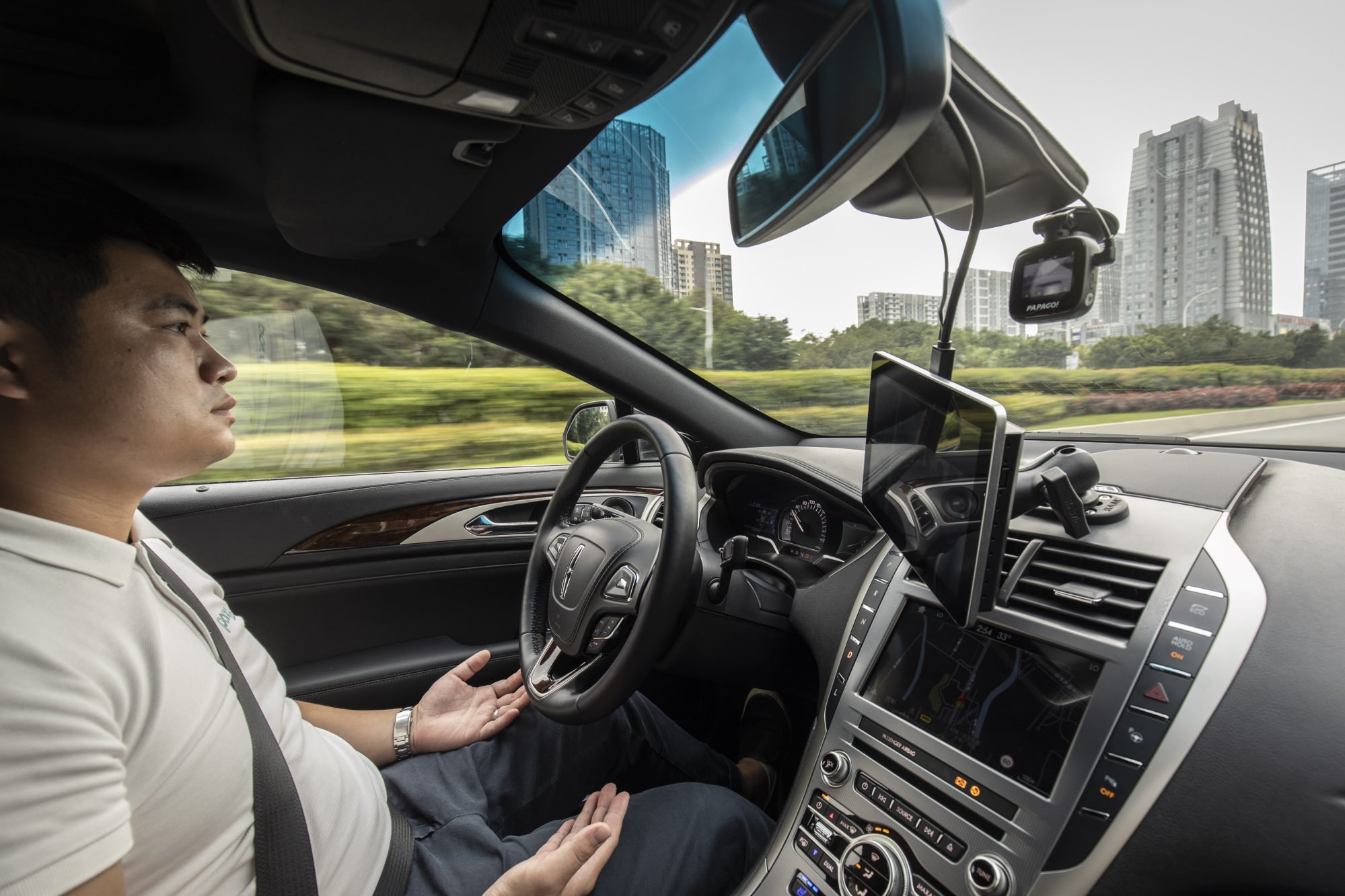 A self-driving vehicle travels along a road in the Nansha district of Guangzhou, China’s southern Guangdong province. Photo: Bloomberg