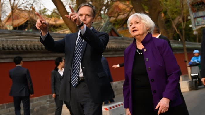 US Treasury secretary Janet Yellen, right, visits a neighbourhood in Beijing with US ambassador to China Nicholas Burns on Monday