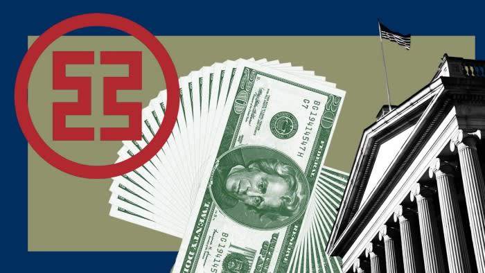 Montage featuring ICBC’s logo, US dollar and the US Treasury building