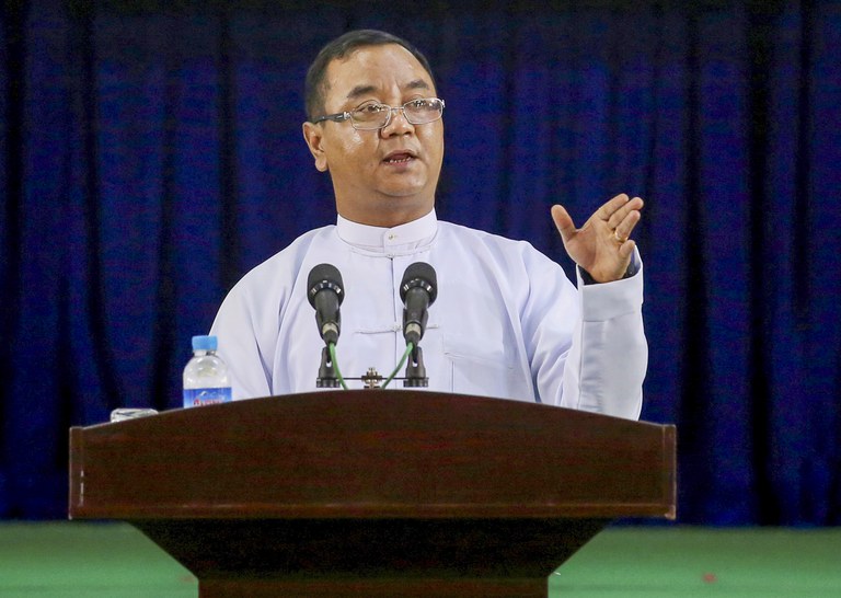 Myanmar's military junta spokesman Zaw Min Tun speaks during the information ministry's press conference in Naypyitaw, Myanmar, March 23, 2021. (Reuters)