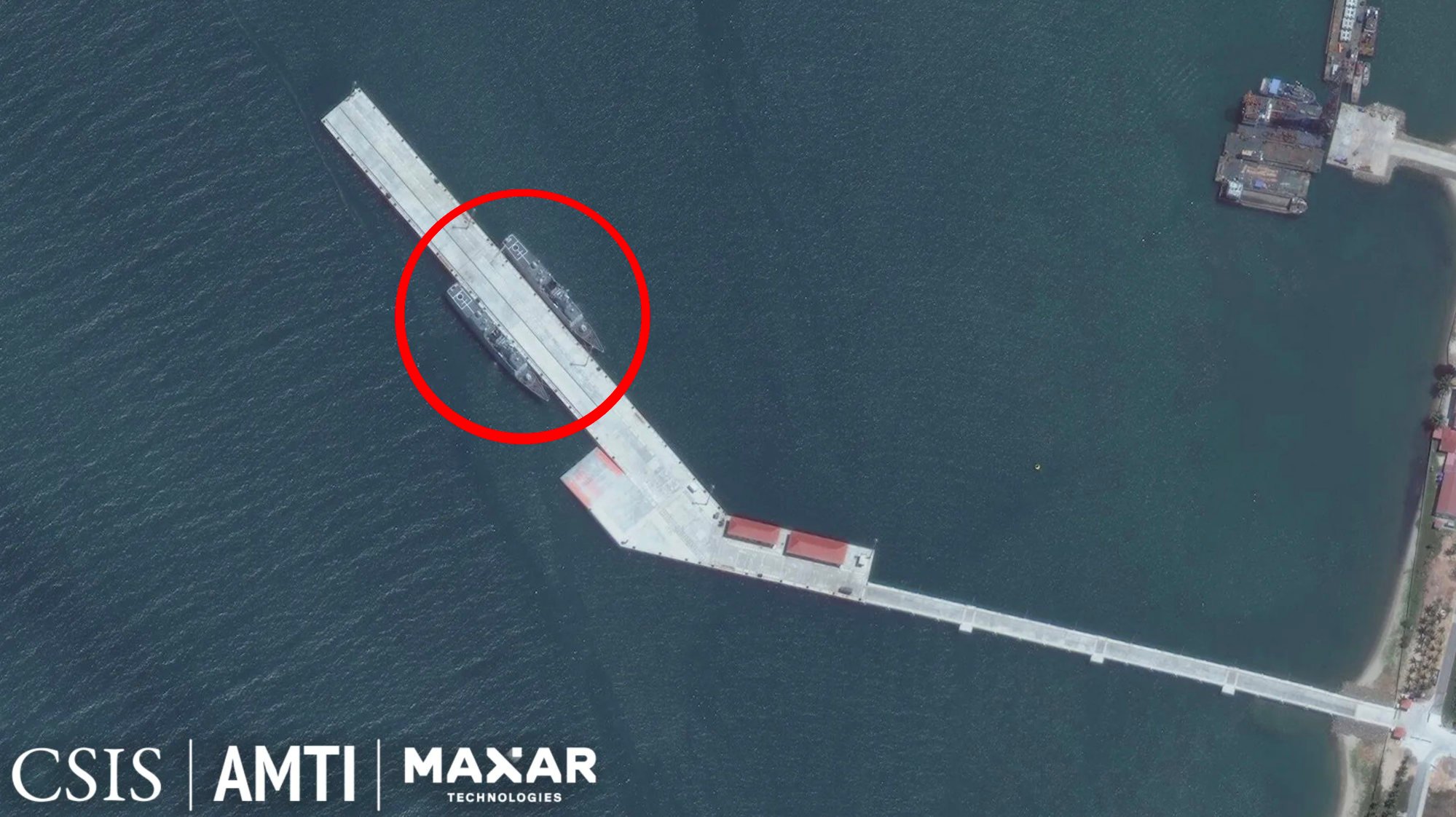 An AMTI satellite image shows two PLA Navy ships docked at the Ream naval base on April 7. Photo: CSIS