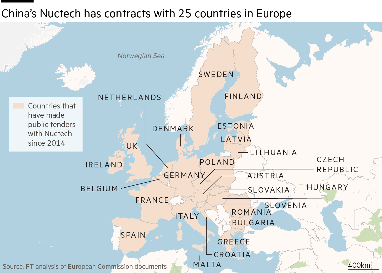 Map showing countries in Europe that have made public tenders with Nuctech since 2014