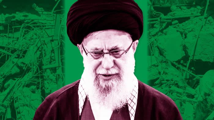 Montage of Ayatollah Ali Khamenei and the bombed Iranian embassy in Damascus
