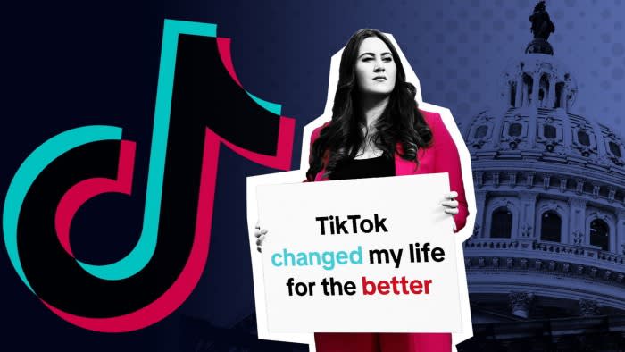 A montage of the TikTok logo, the US Capitol building and a woman holding a sign in support of TikTok