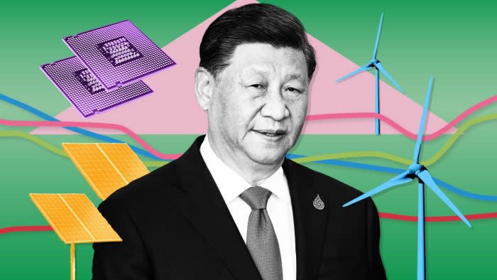 Montage showing Xi Jinping, solar panels, wind turbines, computer chips and chart lines