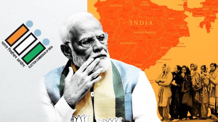 Narendra Modi in front of a map of India and the Indian electoral commission logo, with a small group of voters waiting to the right of the image