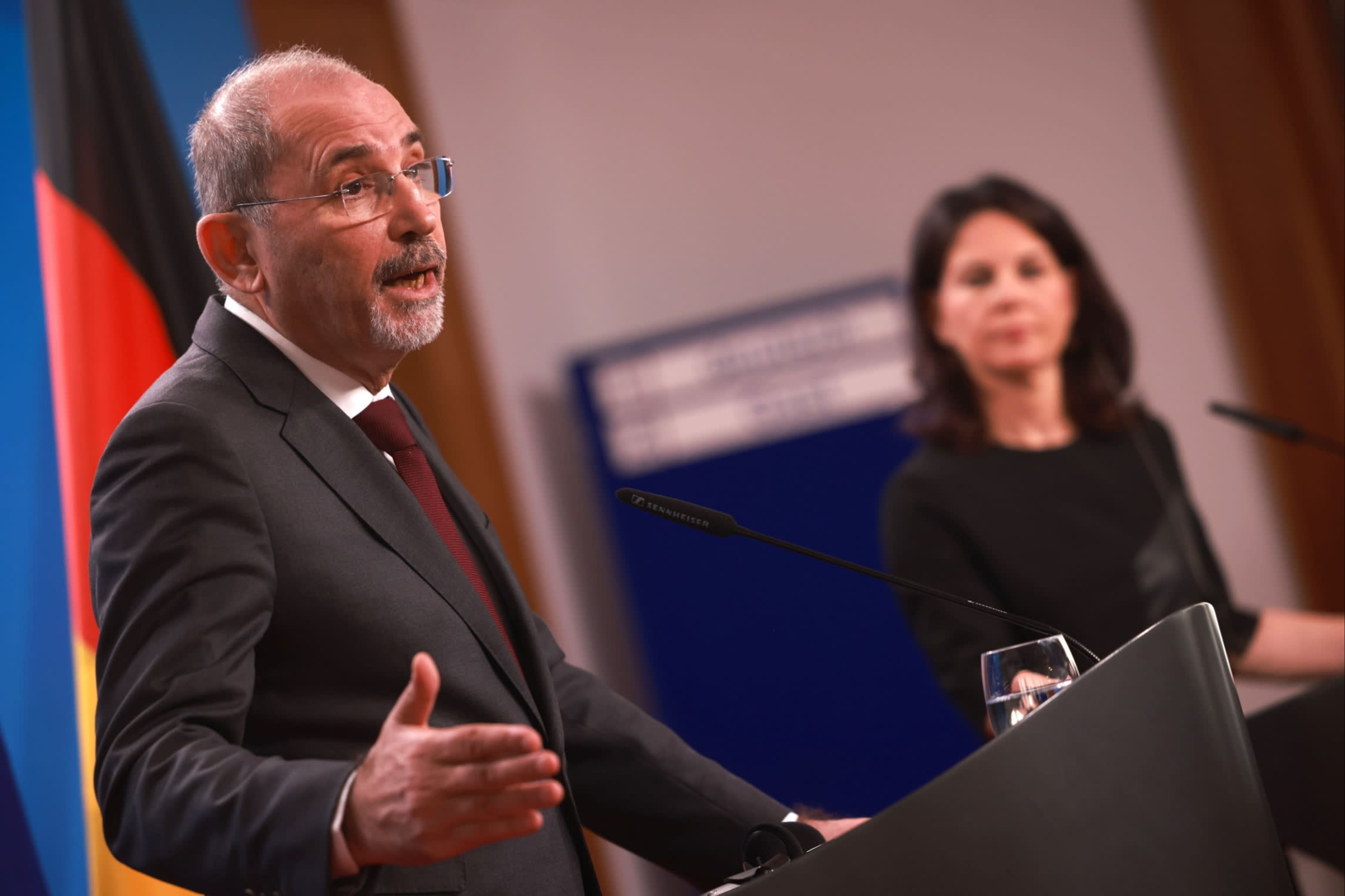 Jordan’s foreign minister, Ayman Safadi, left, speaks to media in Berlin as his German counterpart Annalena Baerbock listens