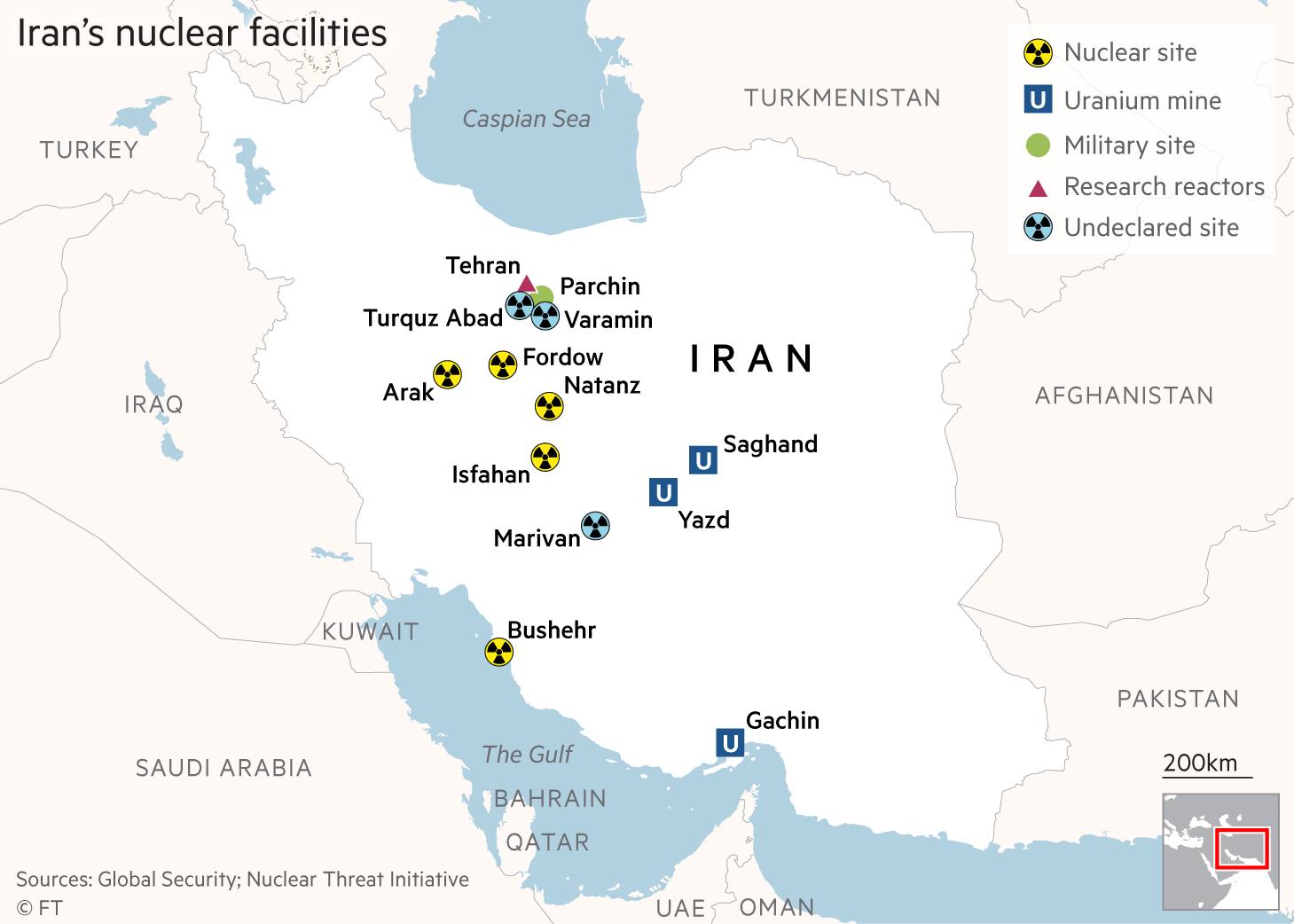 Map showing Iran's nuclear facilities