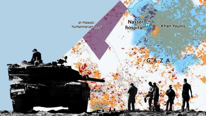 Montage of Gaza map and photograph of Israeli tanks on the border