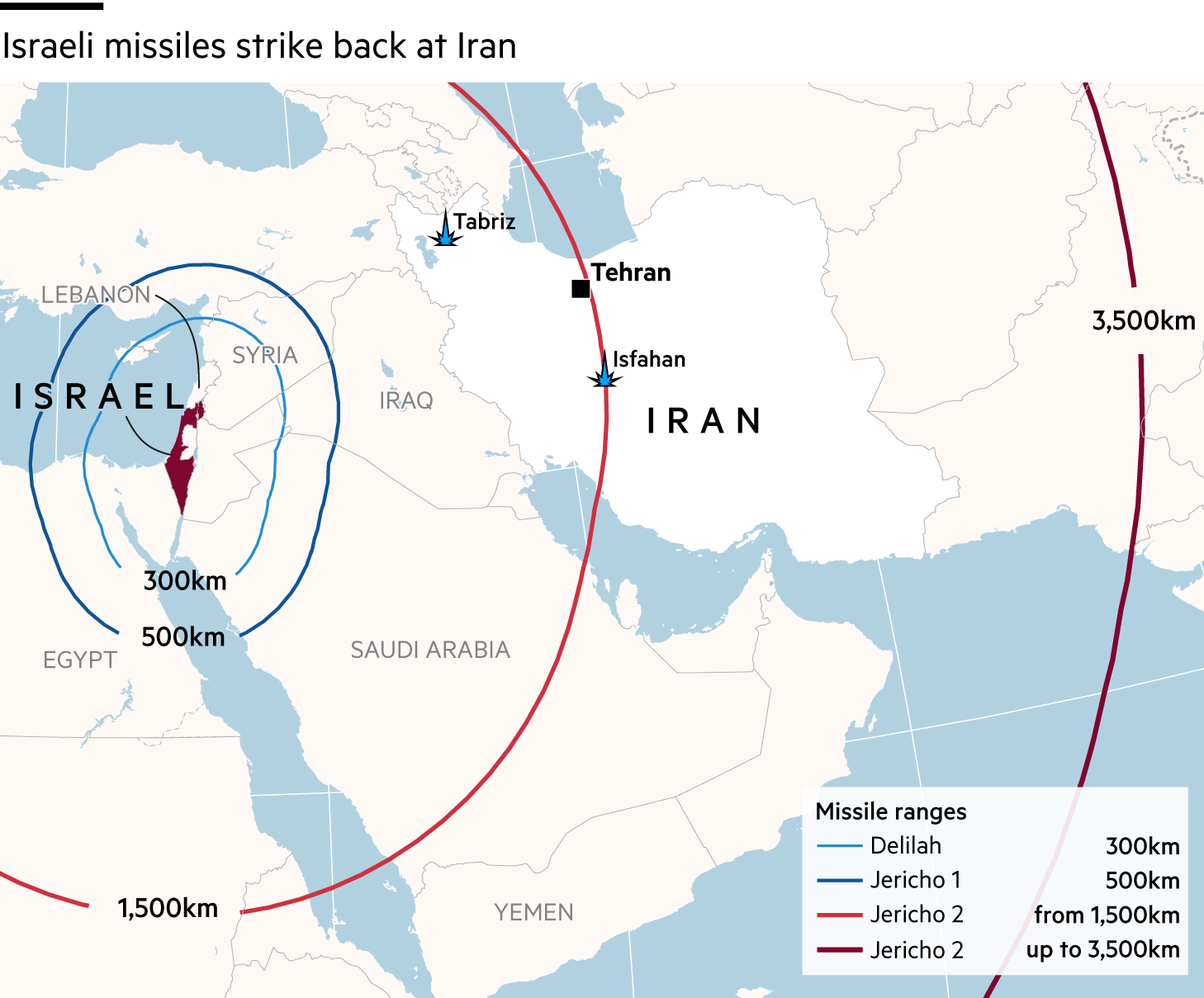 Map showing missile rnges of Israel and locations of missile strikes in Iran in Tabriz and Isfahan