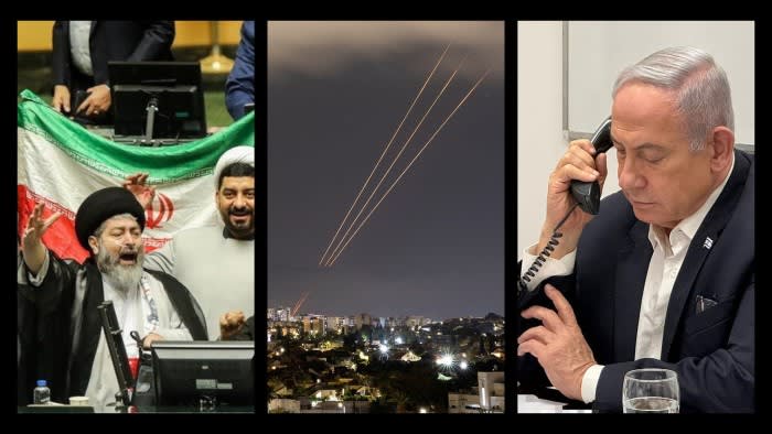 Three images showing Iranian lawmakers chanting in parliament, Israeli defences over Jerusalem, and Benjamin Netanyahu on the phone