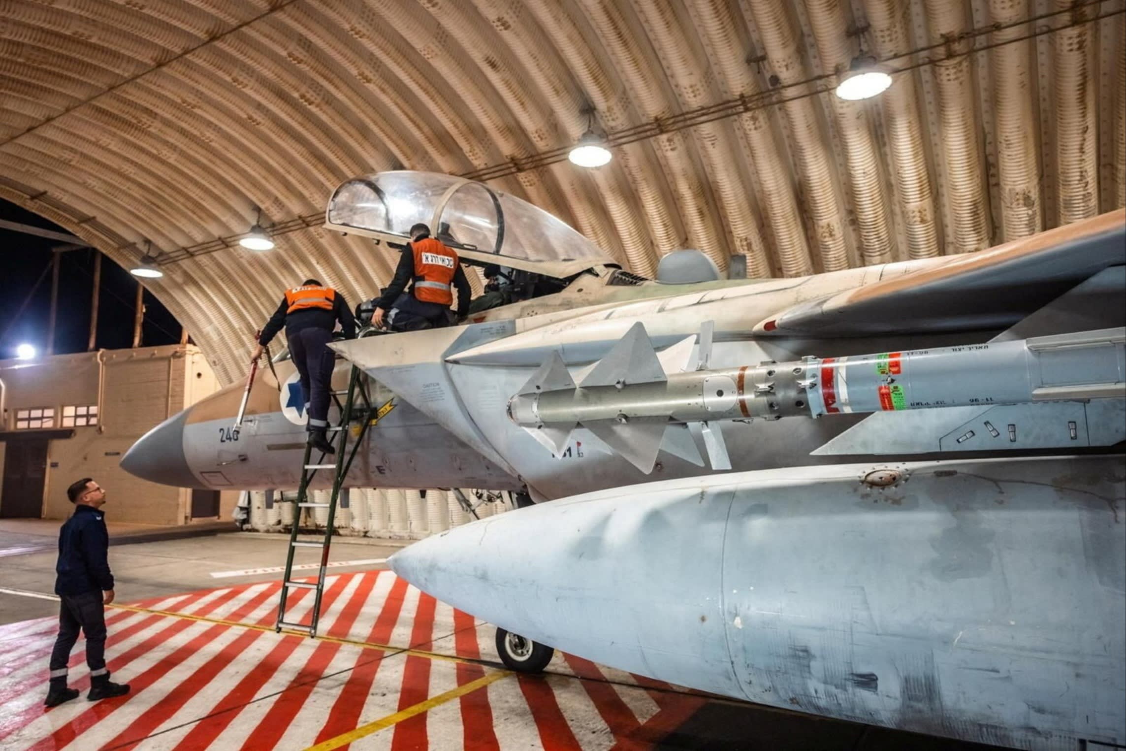 An Israeli Air Force F-15 jet in a hangar