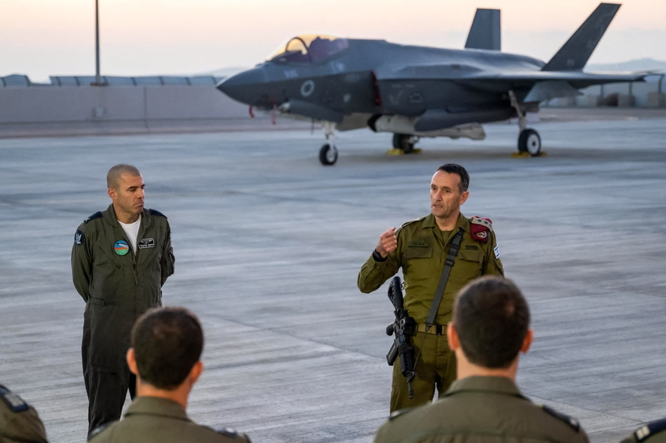Israel’s chief of the general staff Lieutenant-General Herzi Halevi speaks to military officers on Monday