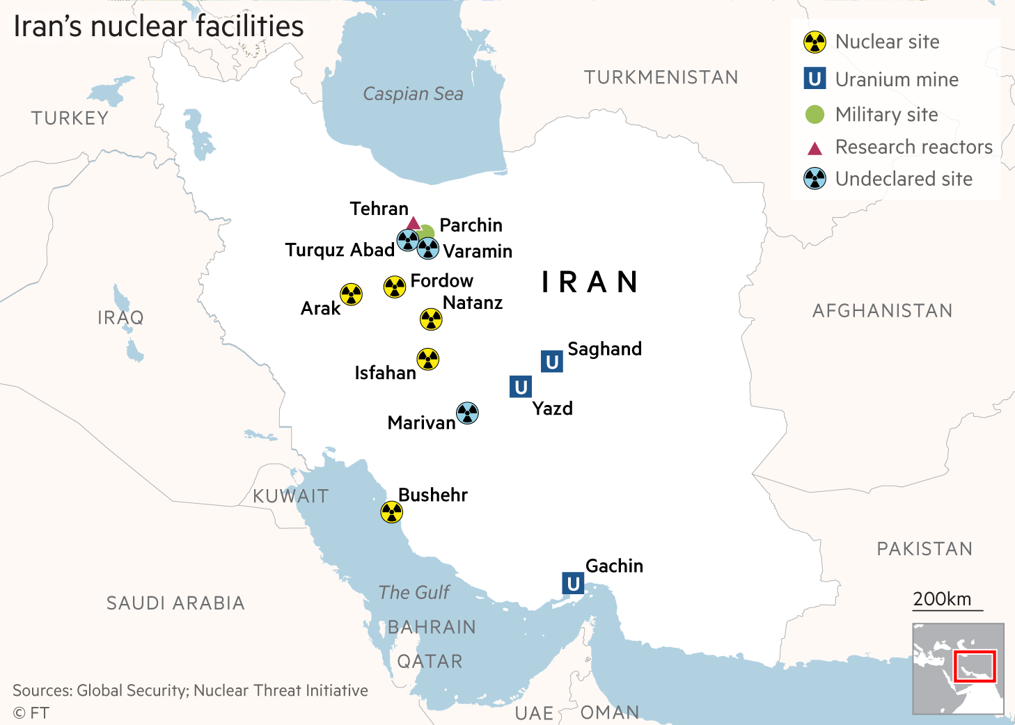 Map showing Iran's nuclear facilities