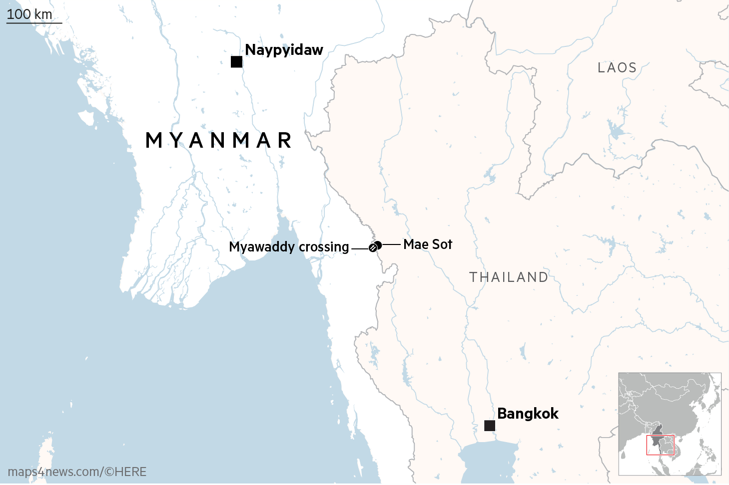 Map of Myanmar and Thailand showing Myawaddy crossing and Mae Sot