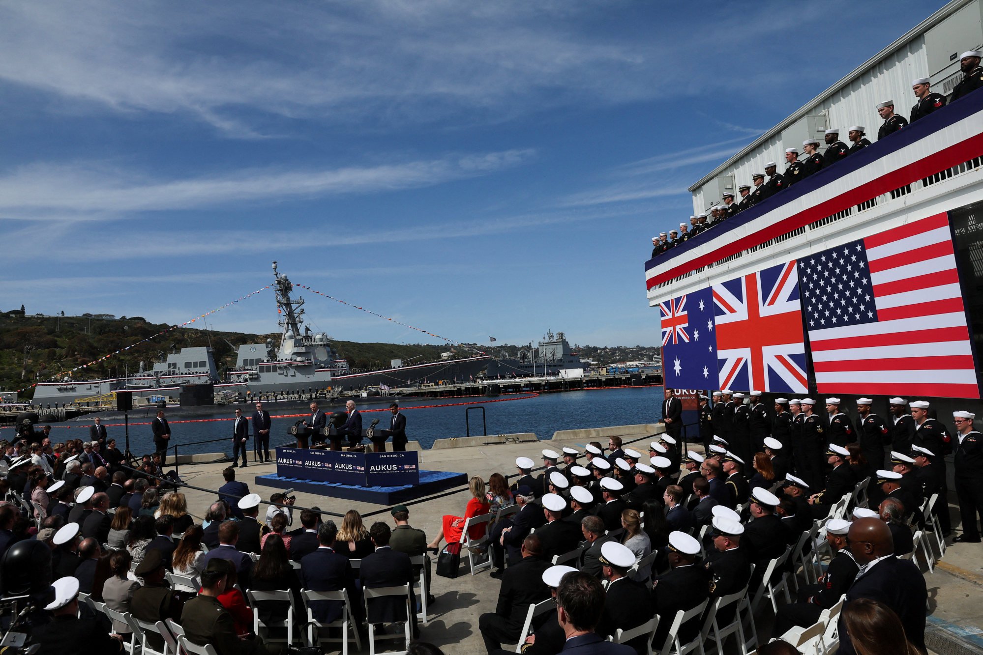 US President Joe Biden, Australian Prime Minister Anthony Albanese and British Prime Minister Rishi Sunak deliver remarks on the Aukus partnership at Naval Base Point Loma in San Diego, California last year. Photo: Reuters