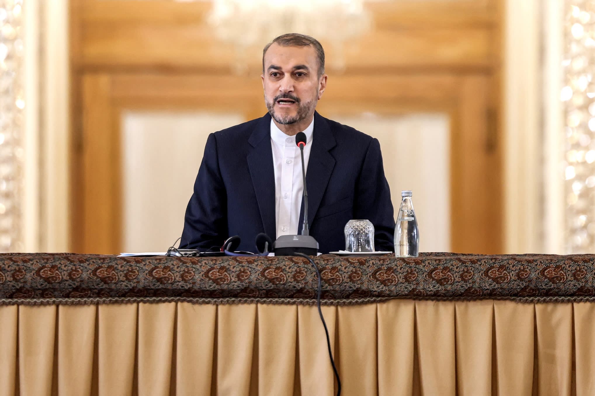 Iran’s Foreign Minister Hossein Amir-Abdollahian briefs the press at his headquarters in Tehran