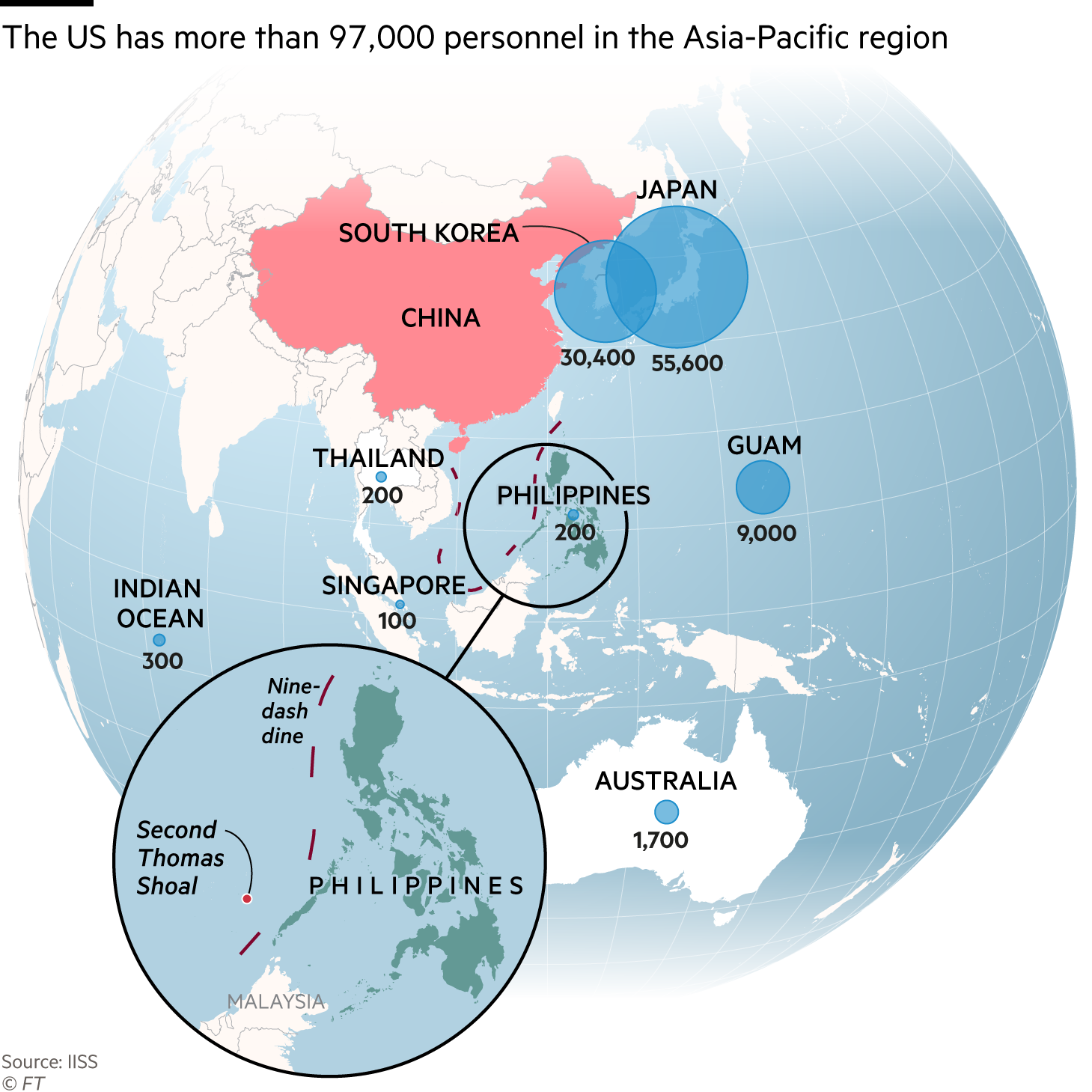 The US has more than 80,000 personnel in the Asia-Pacific region. Map showing the where in the Asia-Pacific region US has personnel and bases