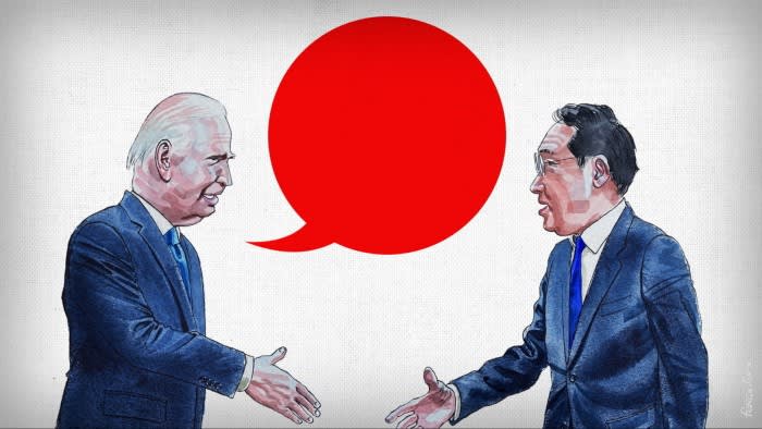 James Ferguson illustration of Biden and Kishida facing each other, stretching hands to shake - with a red bubble speech in a form of the Japanese flag between them.
