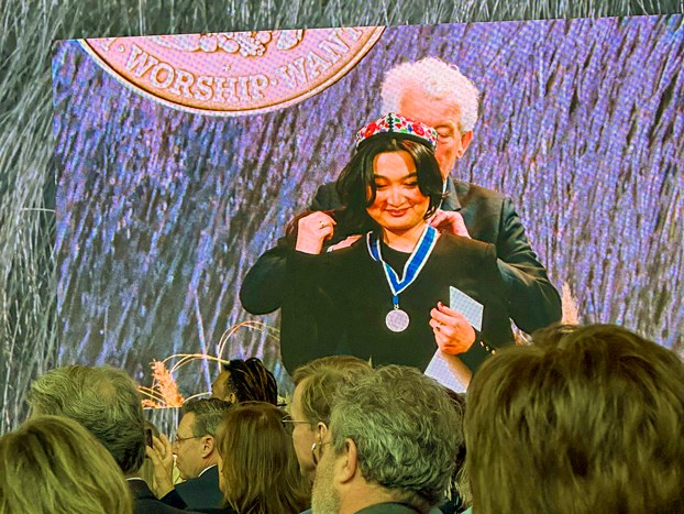 1_ENG_UYG_ActivistAward_04122024.2.jpg Zumretay Arkin is awarded the Freedom of Worship medal by the Roosevelt Foundation at a ceremony in Middelburg, the Netherlands, April 11, 2024. (Zumretay Arkin via Twitter)
