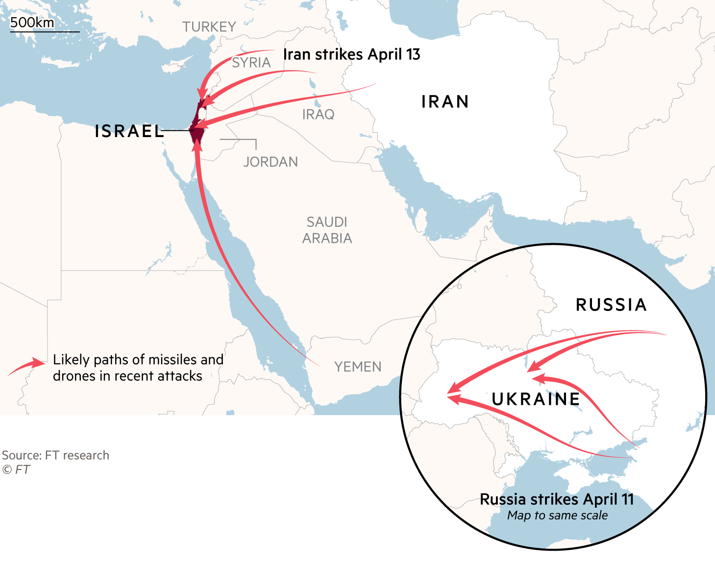 Map showing probable paths of missiles in Iran’s attack on Israel and Russia’s recent attack on Ukraine