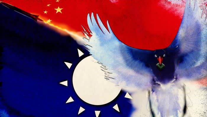 Illustration of a blue magpie flying with a semiconductor chip in it’s beak with the Taiwan and Chinese flags in the background