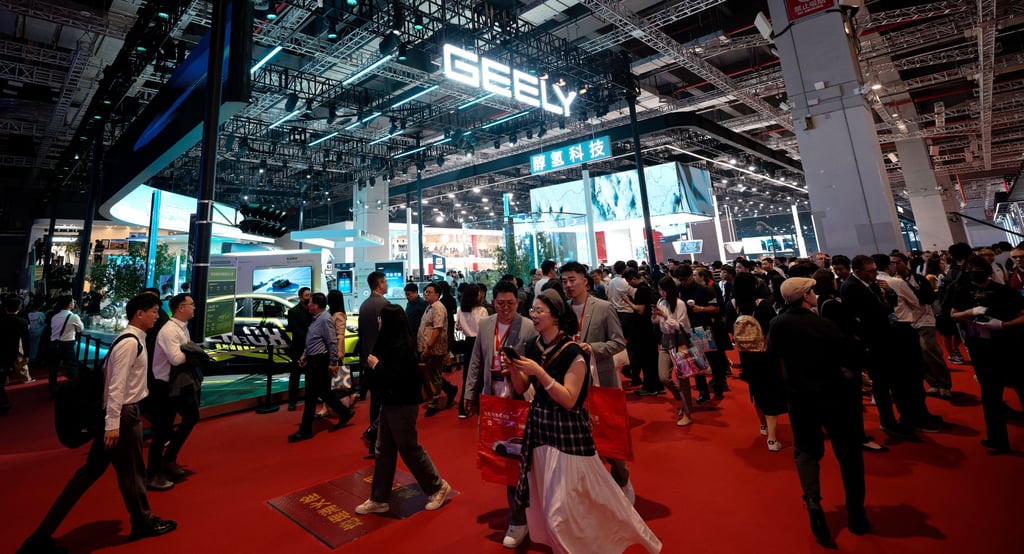 Geely Automobile’s booth during the 2025 Auto Shanghai show on 23 April 2025. Photo: EPA-EFE Geely Automobile’s booth during the 2025 Auto Shanghai show on 23 April 2025. Photo: EPA-EFE